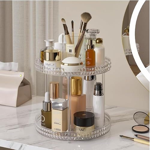 ROWNYEON Rotating Makeup Organiser Storage, 2 Tier Clear Skincare Organisers Beauty Storage Perfume Organiser Holder Stand Spinning Make Up Organiser Cosmetics Organiser for Vanity,Bathroom,Dresser