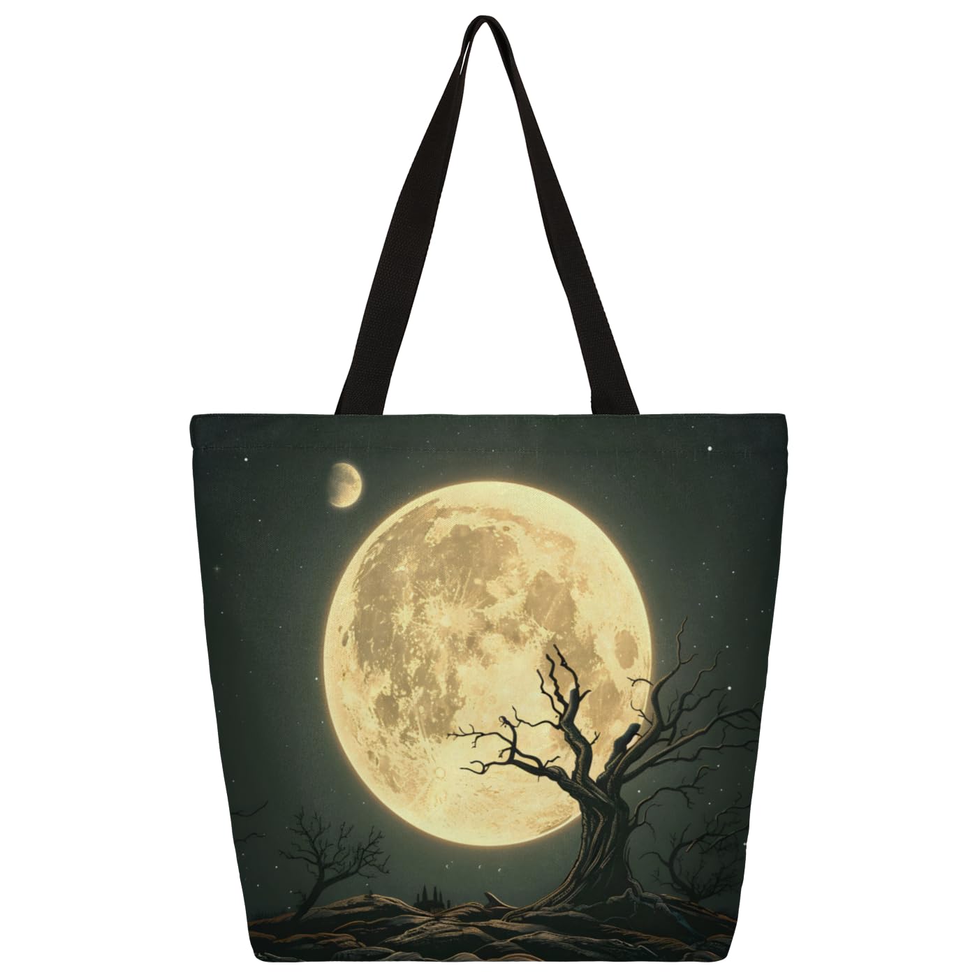 Mularoka Halloween Moon Tree Large Capacity Canvas Tote Bag Stylish Handheld Shoulder Bag Reusable Shopping Bag for Work Travel Beach Trips Shopping