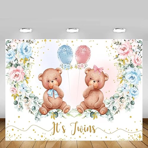 Miniatura 5 de MEHOFOND Telón de fondo para baby shower con temática de oso gemelo para niños y niñas, decoración floral rosa y azul para fiesta de cumpleaños,