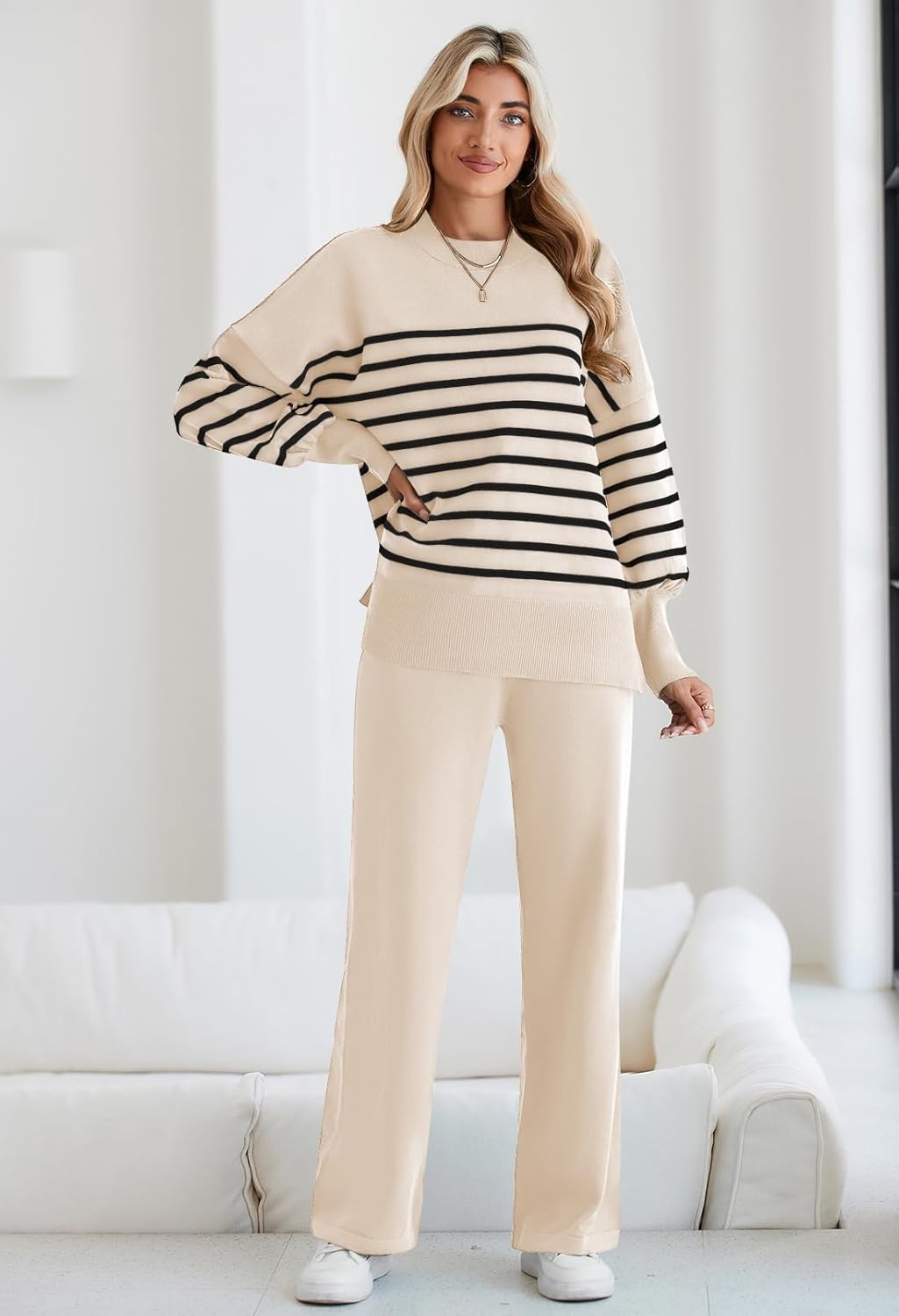 Pink Queen Women's 2 Piece Outfits Sweater Sets Knit Pullover Tops And Wide Leg Pants Loose Tracksuit Lounge Set - Image 4