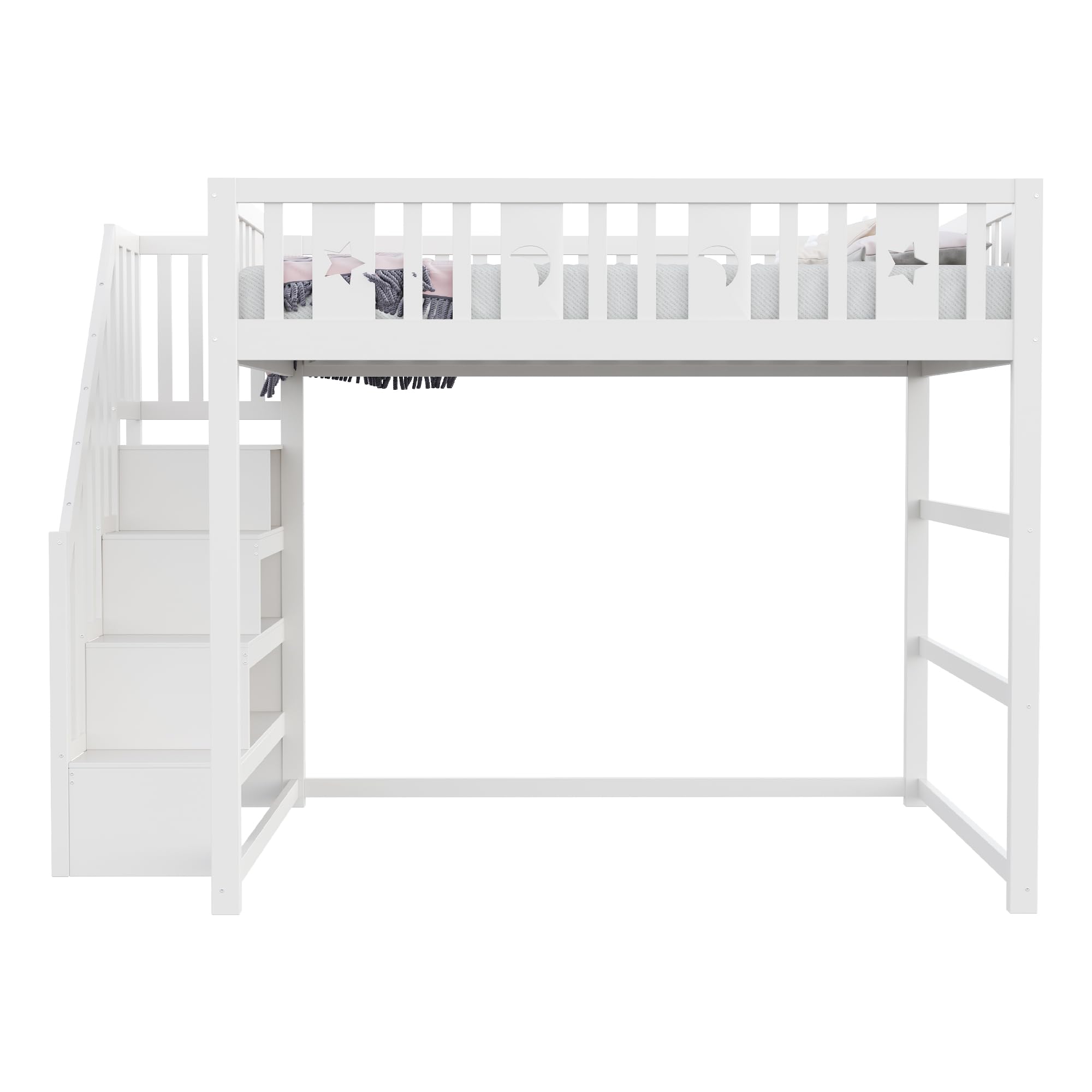Etagenbett 140x200 cm, Kinderbett mit Treppe | Ohne Matratze, Holzbett mit Stern- und Monddekoration, Bett für Kinder Jugendliche Massivholz Weiß