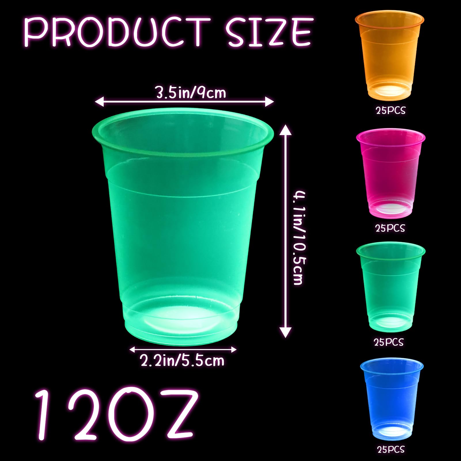 100 Count Plastic Neon Cups Glowing Party Cups, 12 oz Neon Colors Disposable Clear Plastic Glowing Party Cups for Birthday Party In The Dark Party Drinkware Beverage Ice Cream Snacks