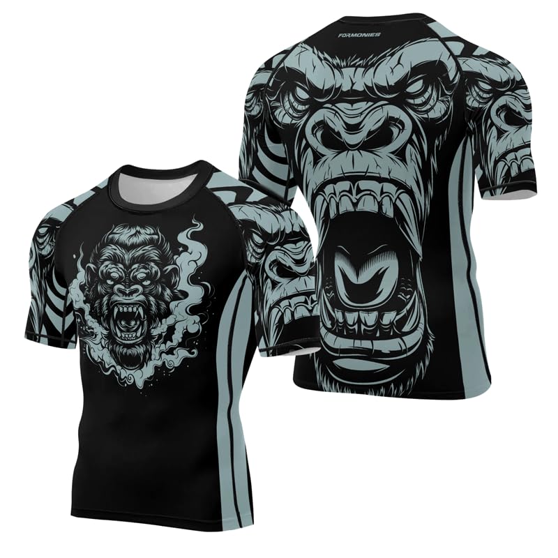 FORMONIES Gorilla Short Sleeves Men's Compression Rash Guard for BJJ MMA Grappling Jiu Jitsu Training