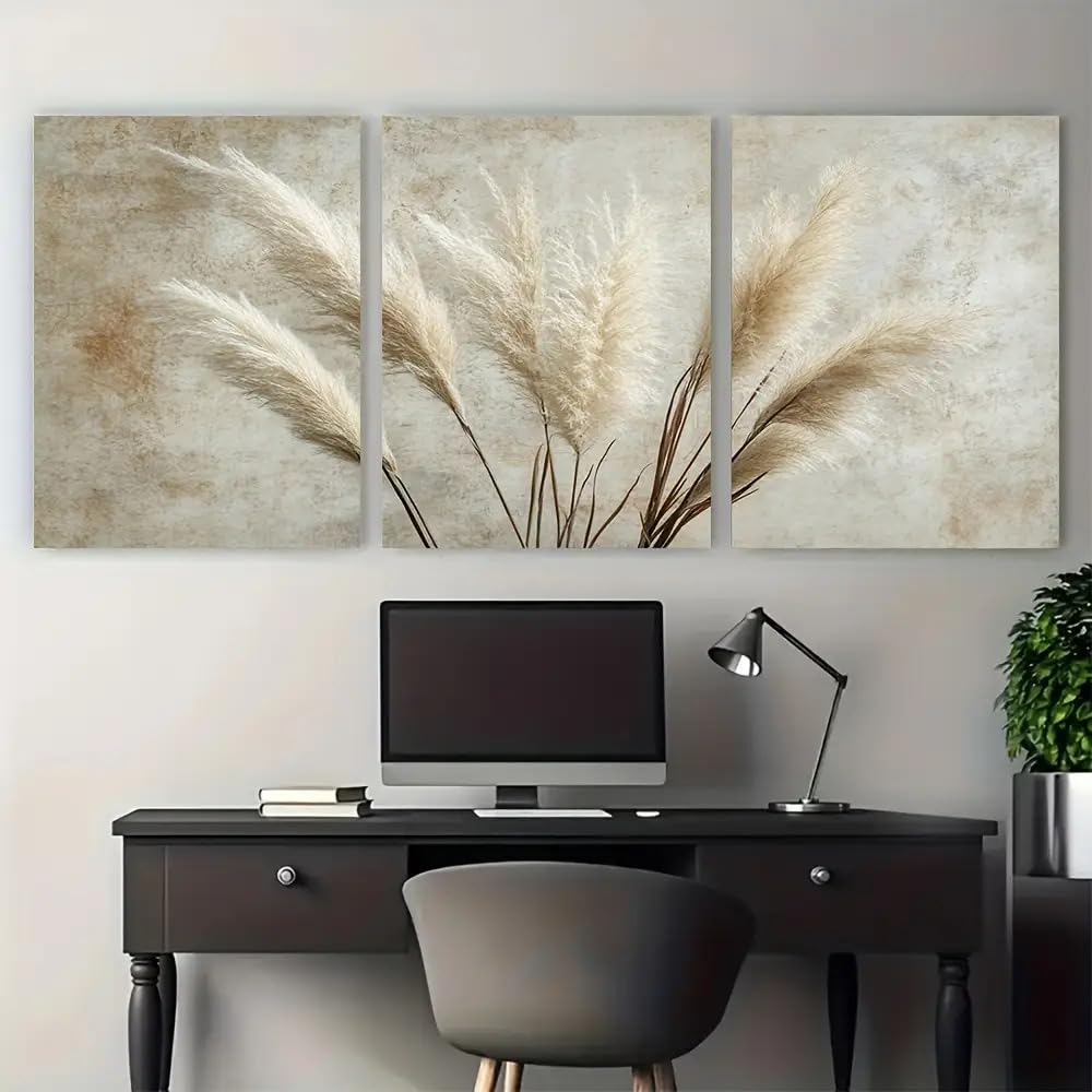 IXEHOH Pampasgras 3 Teilig Leinwandbilder Groß Wandbilder Wohnzimmer Boho Beige Wanddeko Neutral Kunstdrucke Modern Bilder Wand Dekoration Aesthetic Wall Art Posters & Prints 70x100cmx3