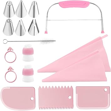 Cake Decorating Tools Set Includes Cake Leveller 3 Cream Smoothers 6 Nozzles 2 Silicone Piping Bags 2 Silicone Rings 2 Adapters 1 Cleaning Brush Baking Tools Icing Piping Kit Pink