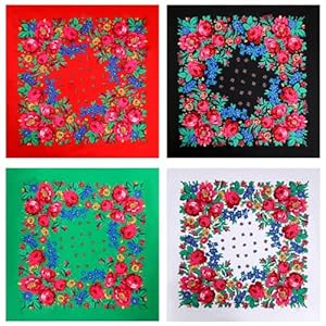 4 Pcs Russian Ethnic Square Hair Head Scarf Printed Polyester Flower Neck Scarf for Women