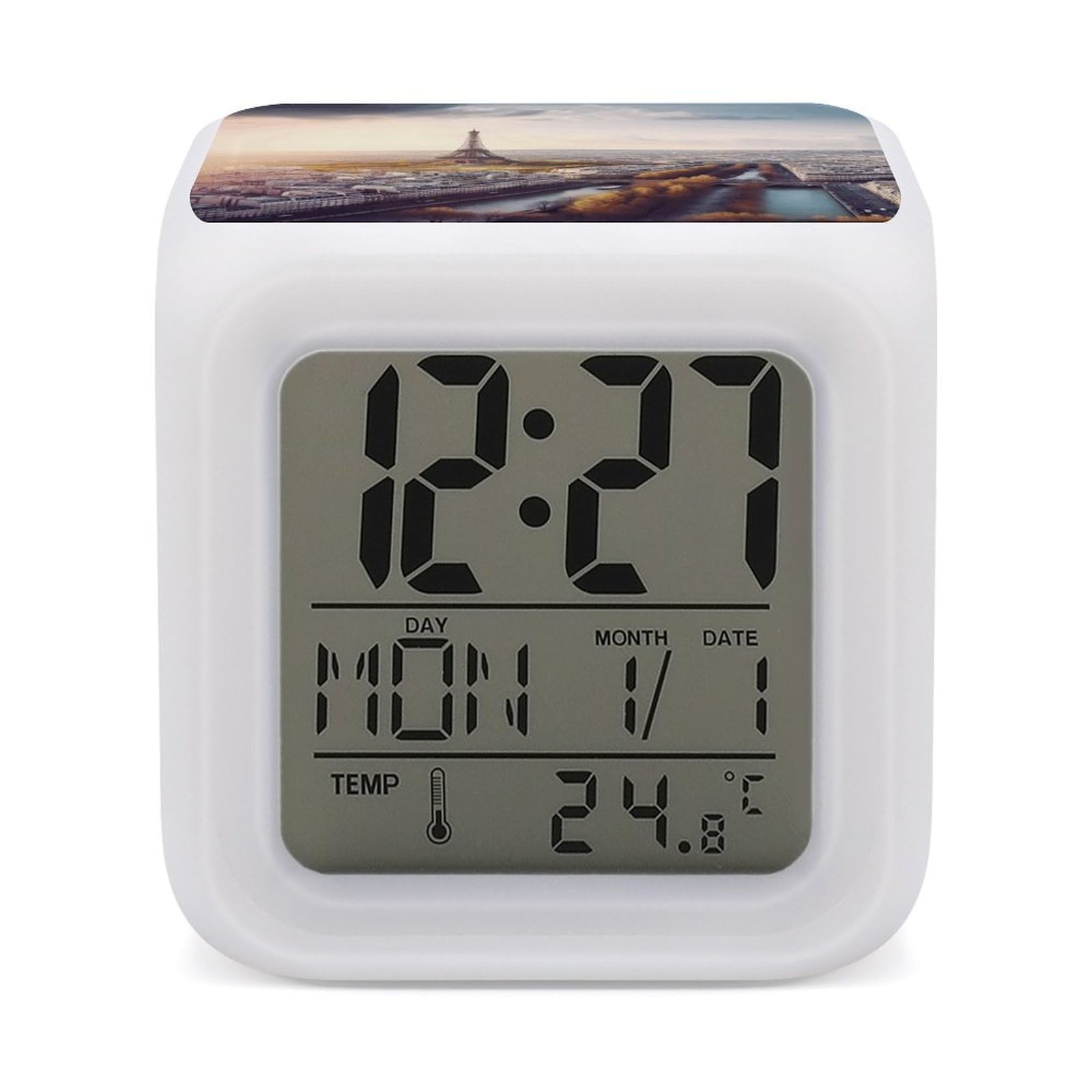 VstaDank Aerial View of Paris Cityscape Digital Alarm Clock LED Display Screen Color Change Alarms Clock Smart Alarm Clock Wake Up Digital Clocks with 7 Color Nightlight for Bedroom