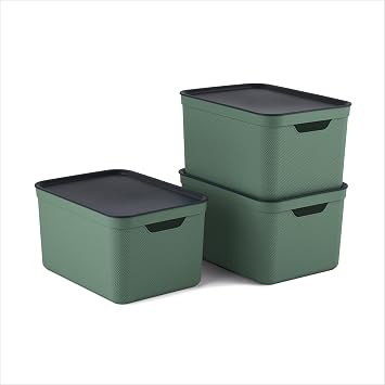 Rotho Jive Dekobox Set of 3 storage box 16l with lid, Kunststoff PP recycelt, green/anthracite, 3x16l 36.5 x 20 x 27 cm