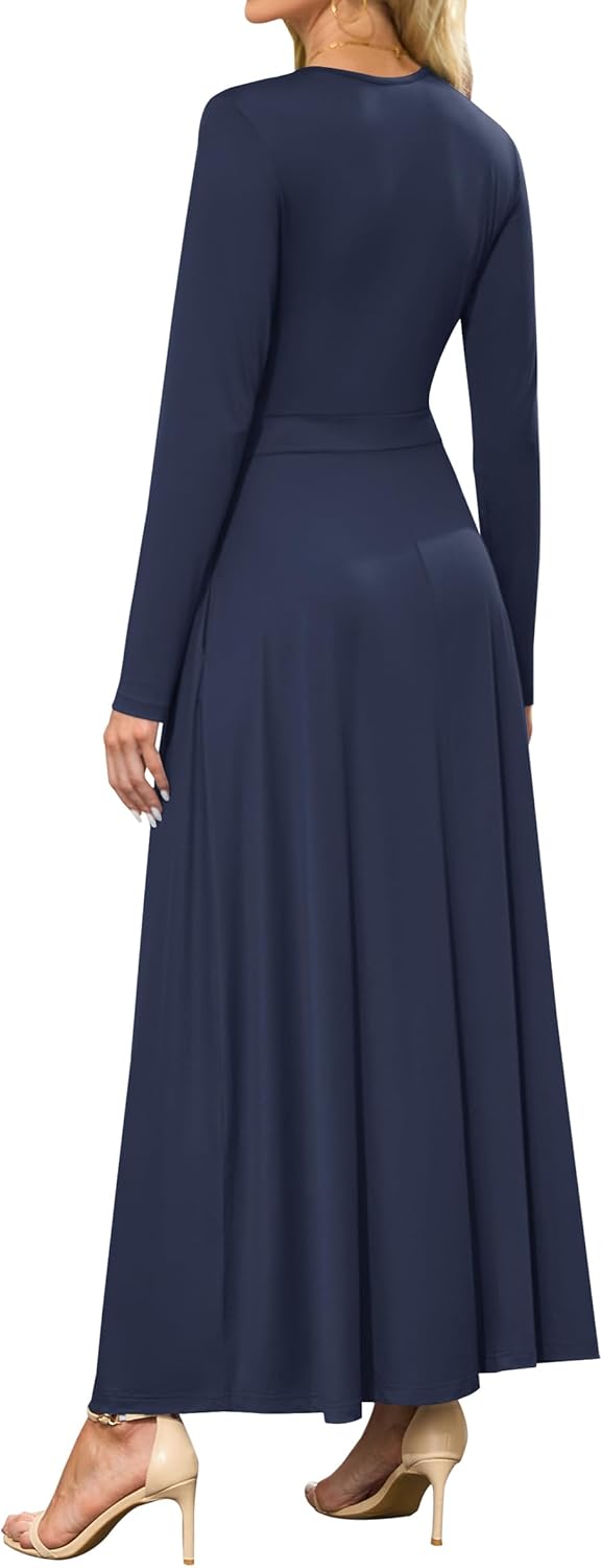 AUSELILY Womens Long Sleeve Maxi Dress 2025 Fall Dress V Neck Wrap Waist Formal Long Dresses with Pockets - Image 5