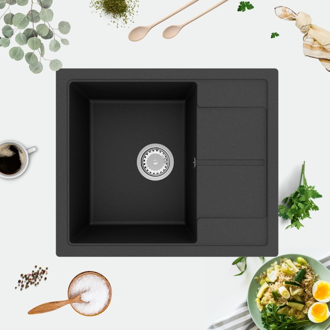 GRANMASTER Horizon Granitspüle 1 Becken mit Siphon, Spüle Arbeitsplatte Küchenspüle mit Wasserhahn, 59 x 50 x 20,3 cm Spüle mit Abtropffläche aus Granit, Imprägnieren 50ml Schwarz Metallic