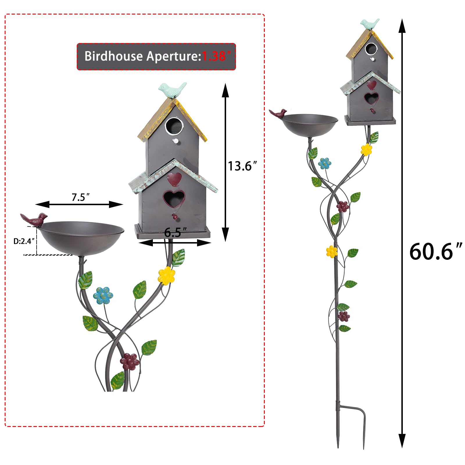 Baños de pájaros de 60.6 pulgadas de alto para exteriores, cuenco de baño de metal para pájaros, casas de pájaros para exteriores con poste, casas de pájaros para exteriores, decoración de patio de