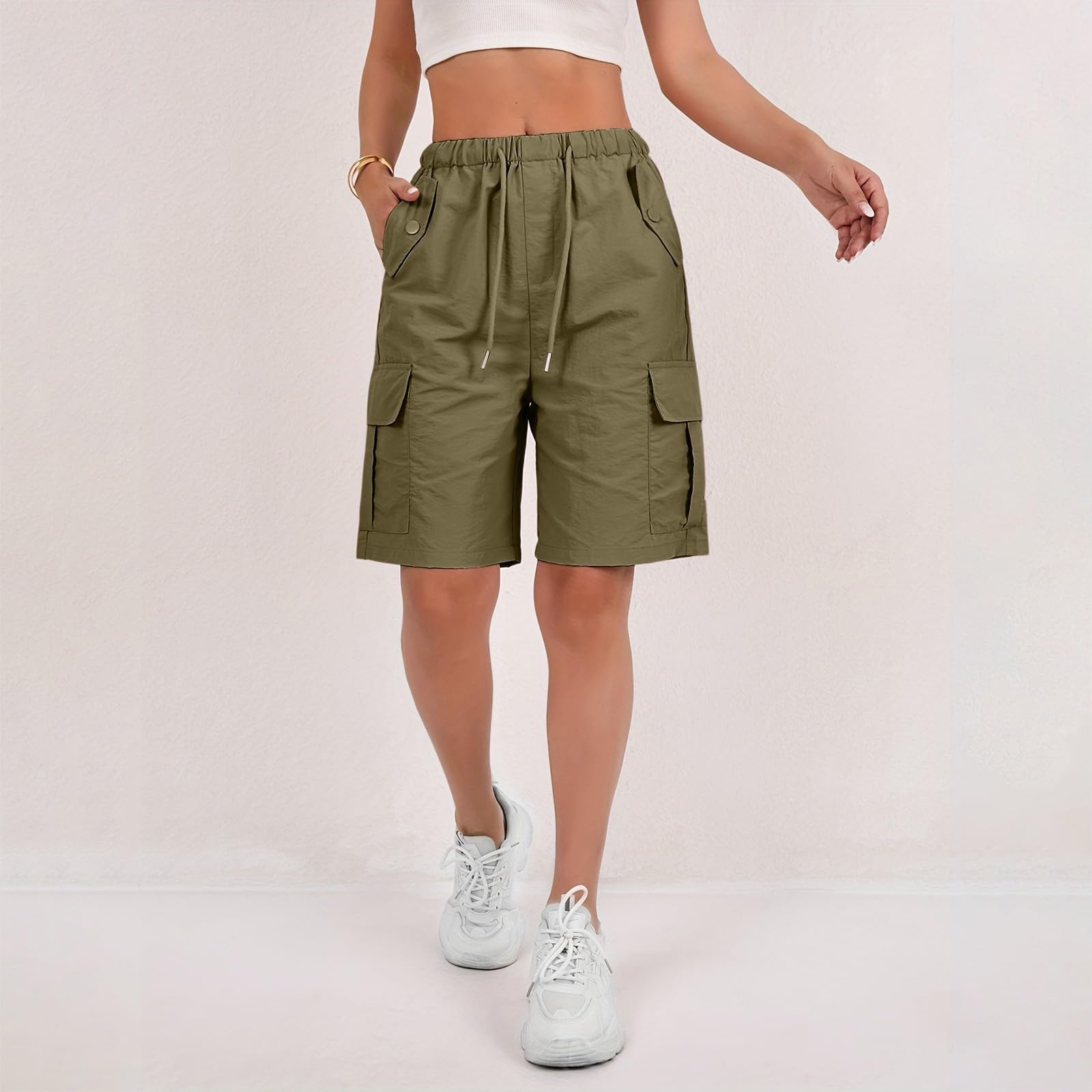 Women's Cargo Shorts Plus Size Waterproof Lightweight Bermuda Shorts Knee Length Ripstop Hiking Short with Pockets Cargo Bermuda Short for Women Baggy Comfy Elastic Waist Pants Tactical Pants