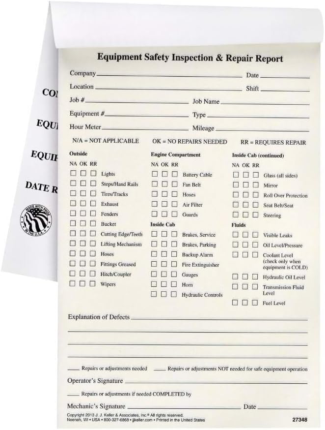 Equipment Safety Inspection Report 100-pk. - Book Format with 31 Sets, 2-Ply, Carbonless, 5.5" x 8.5", J. J. Keller & Associates, Inc.