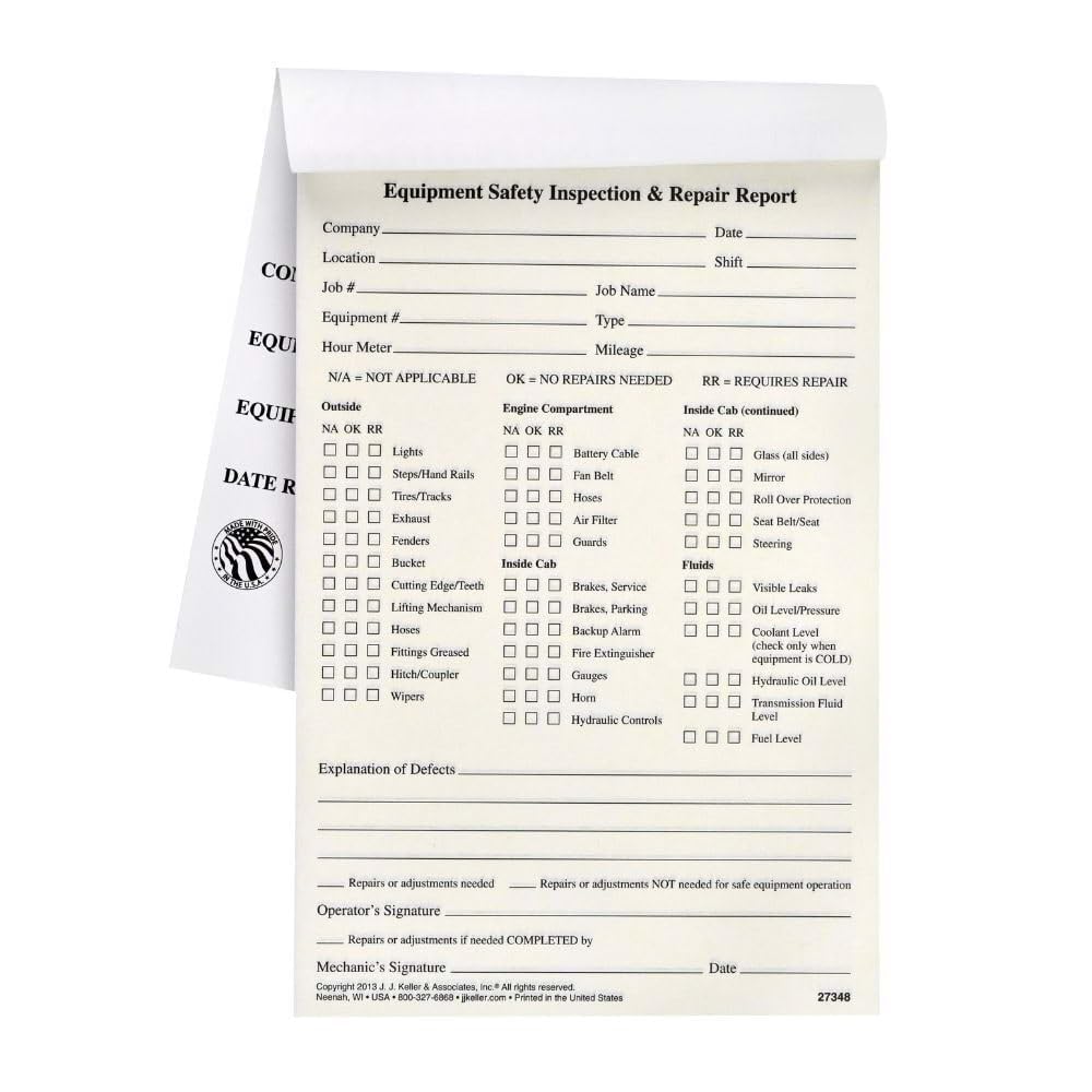 Equipment Safety Inspection Report 50-pk. - Book Format with 31 Sets, 2-Ply, Carbonless, 5.5" x 8.5", J. J. Keller & Associates, Inc.