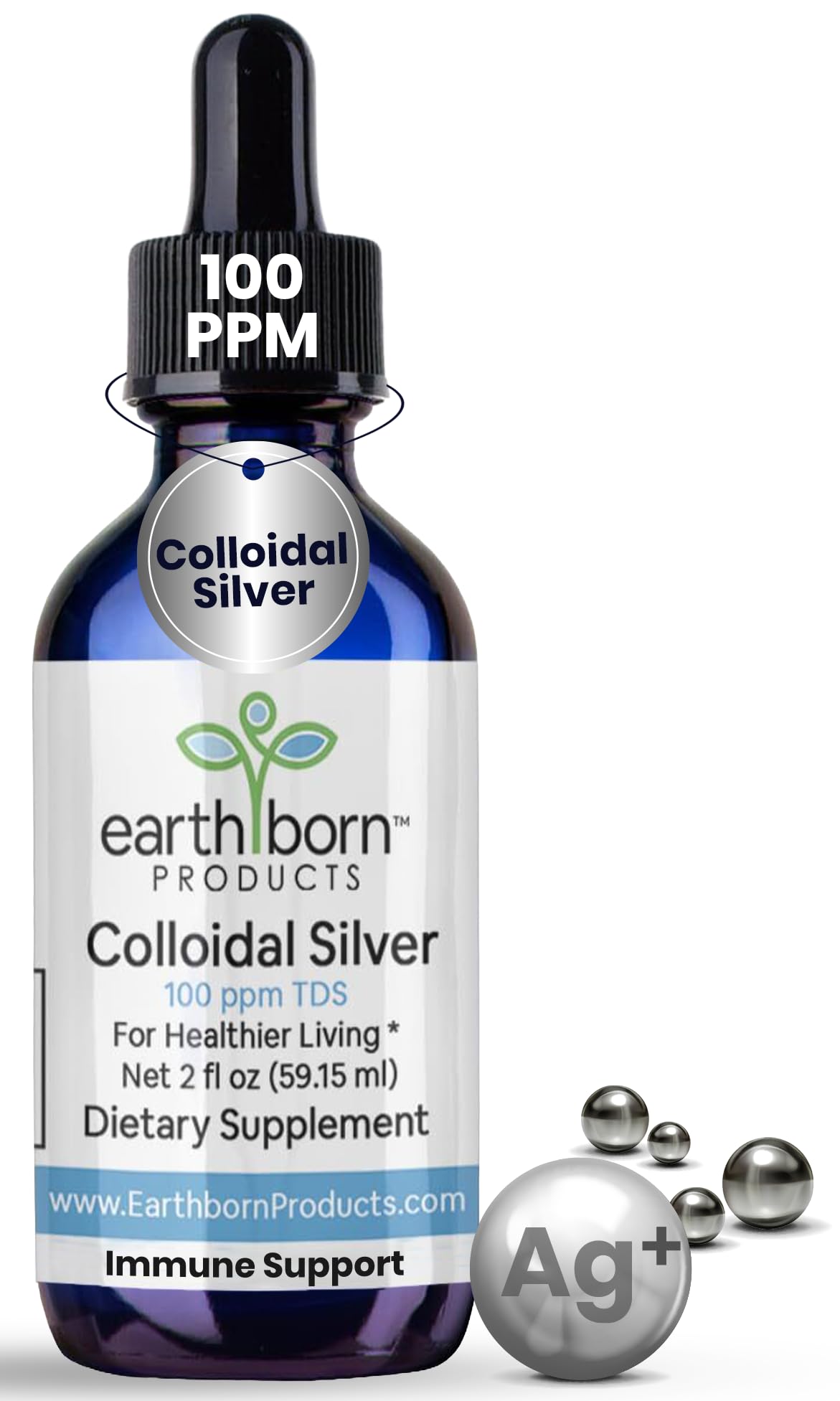 Earthborn Colloidal Silver Liquid (2oz) - 100PPM Pure Monatomic Silver Water - 99.9% Natural Nano Silver Liquid Supplement for Immune Support*, Non-GMO, Glass Bottle | Made in USA 2 Fl Oz (Pack of 1)