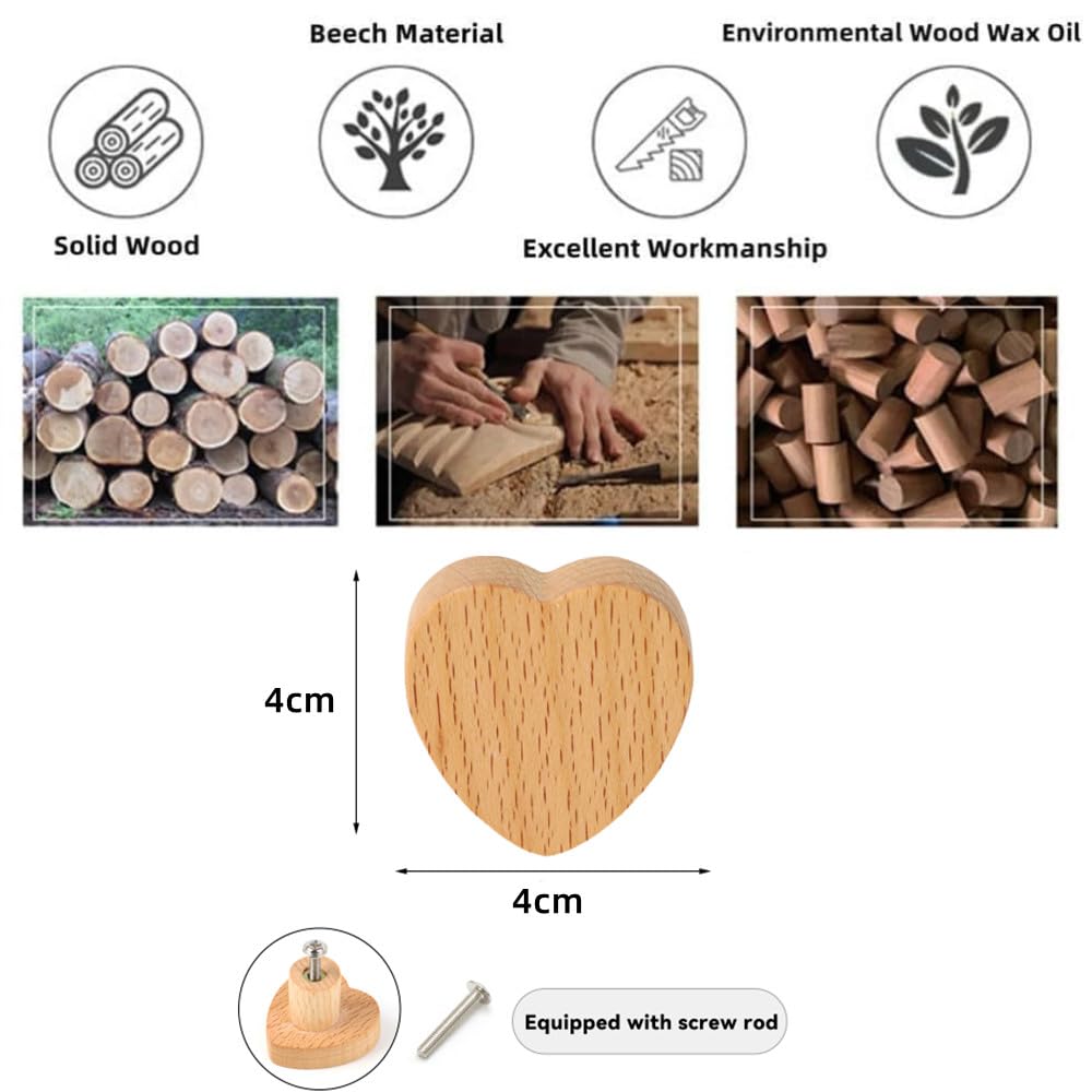 6 Pomelli Per Mobili A Forma Di Cuore In Legno Massello | Per Cucina, Camera Bambini E Arredamento