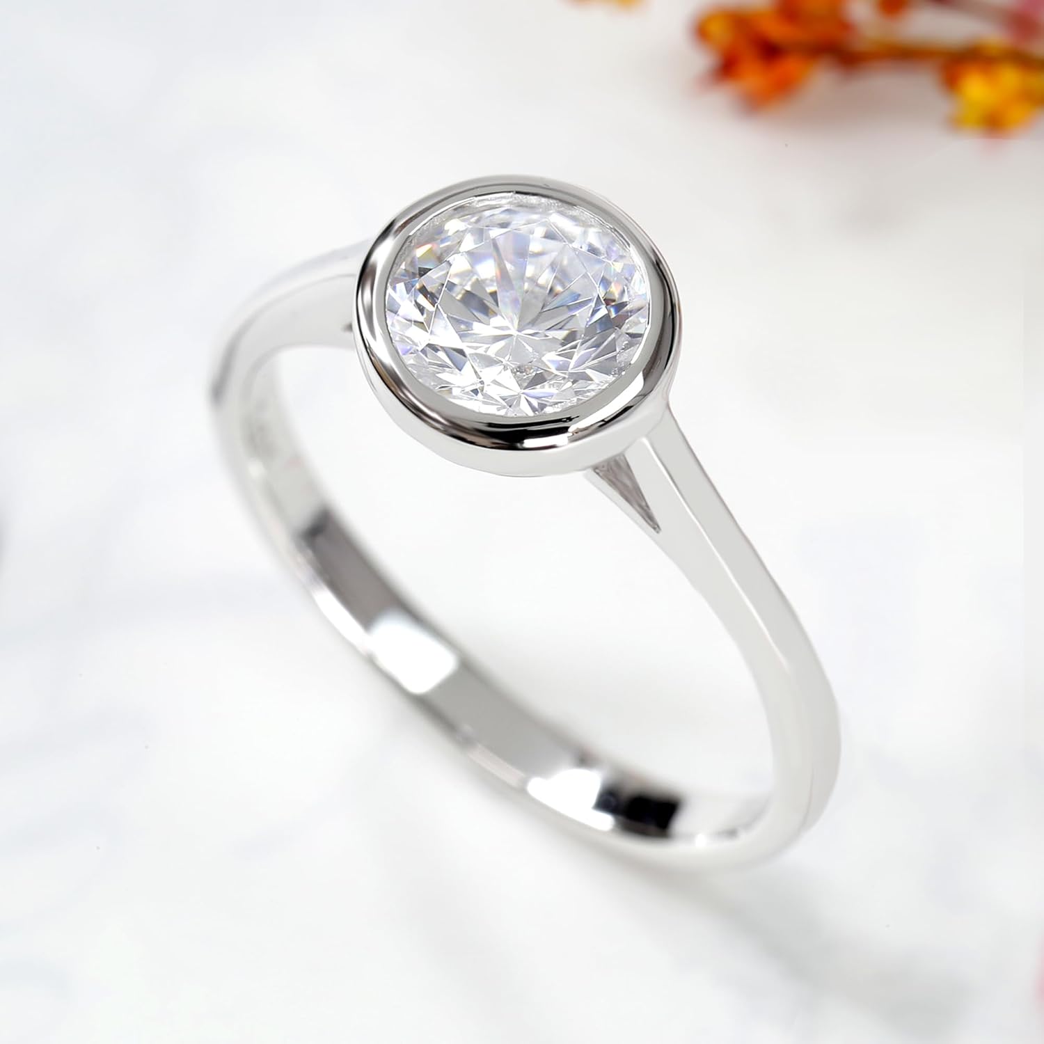 DoubleAccent Womens Sterling Silver Round CZ Bezel Solitaire Engagement Ring 7.5MM (Size 5 to 9)