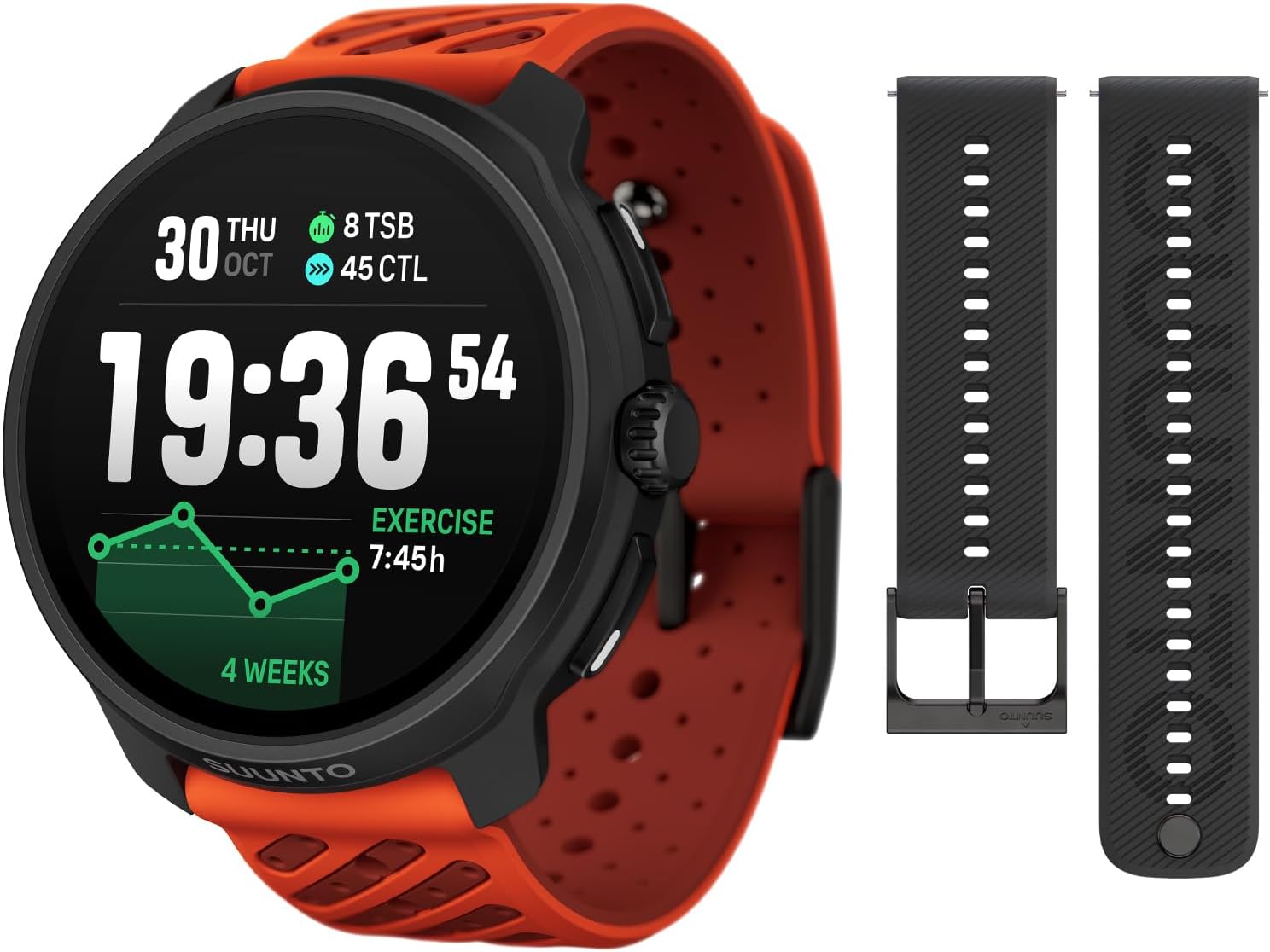 SUUNTO Race 2 GPS Sports Watch, 1.5" AMOLED Touchscreen w/Crown, Coral Orange & SUUNTO 22 ATH6 Silicone Strap All Black S+M