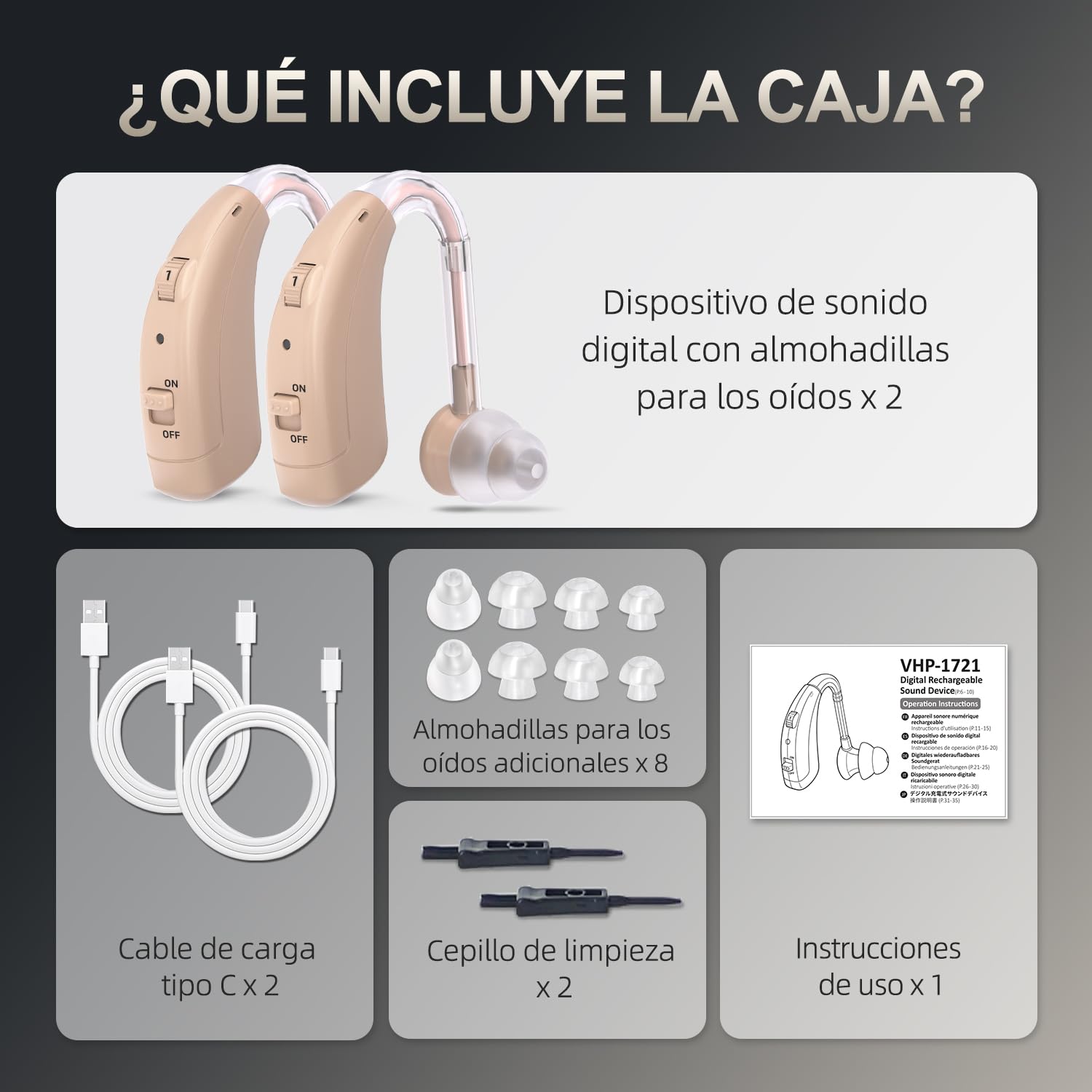 Reducción de ruido digital volumen ajustable. Dispositivo de sonido recargable para personas mayores, con Diseño retroauricular cómodo y ligero con puerto de carga tipo C.