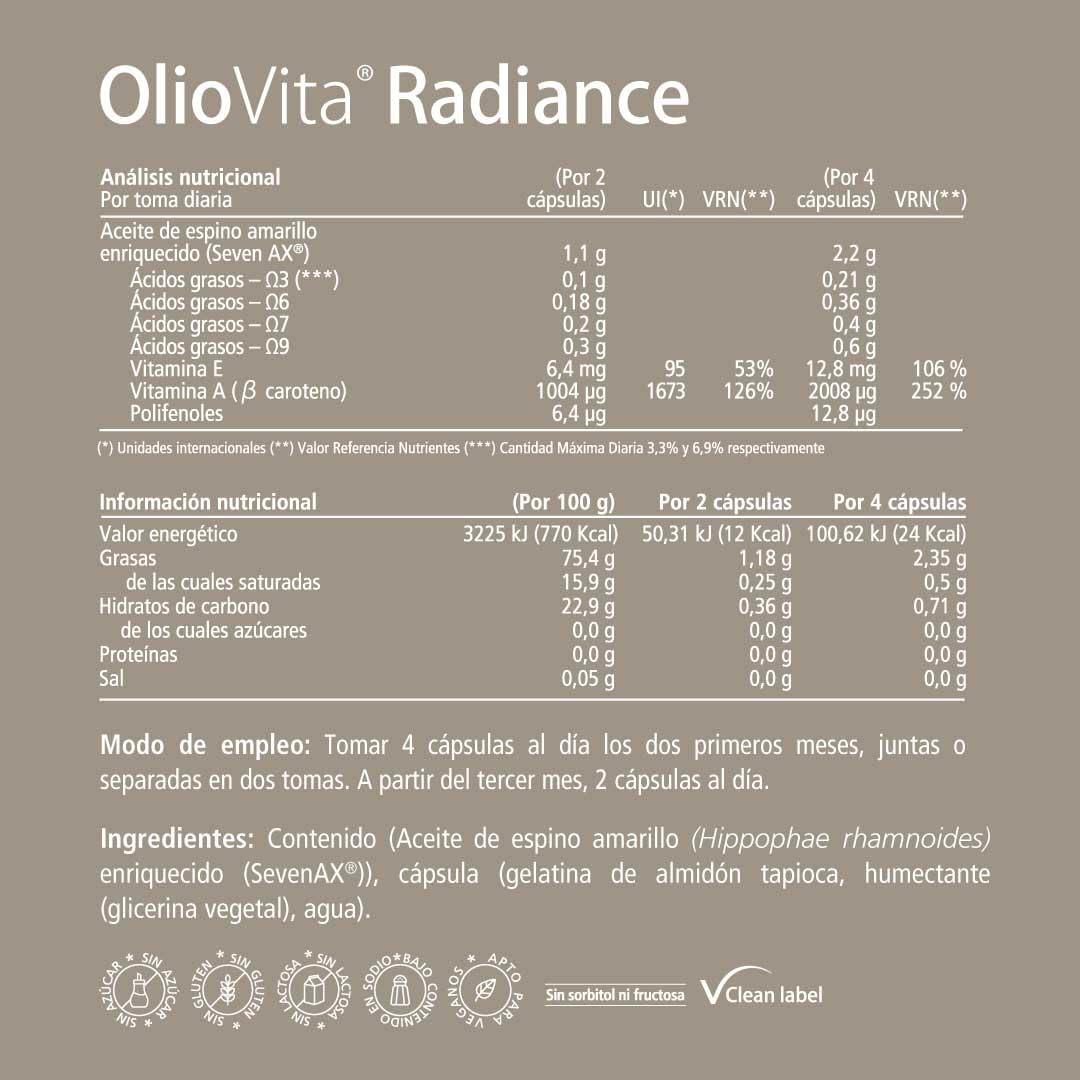 VITAE OlioVita Radiance 120 Cápsulas | Nutricosmética con Aceite de Espino Amarillo Omega 7 | Hidratación, Elasticidad y Luminosidad de la Piel | Fortalece Cabello y Uñas | Vegano y Sin Gluten