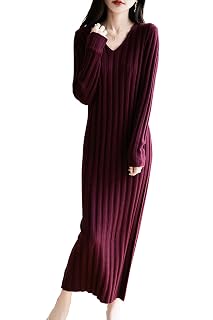 Women's Merino Wool Blend Long Sweater Dress Fashion 2025 Spring Fall Casual V-Neck Long Sleeve Ribbed Knit Dress