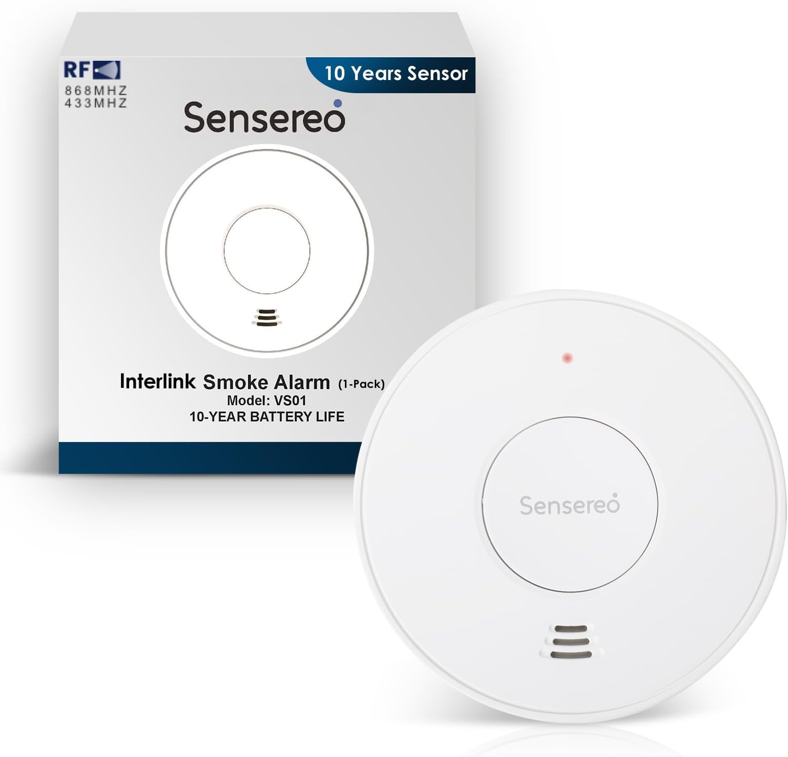 Wireless Interconnected Smoke Alarm, Smoke Detector, Fire Alarm with 10-Year Sealed-For-Life Battery & LED Indicator, 820 ft Transmission Range, CE EN14604 Marked (RF Interlinked (1-Pack))