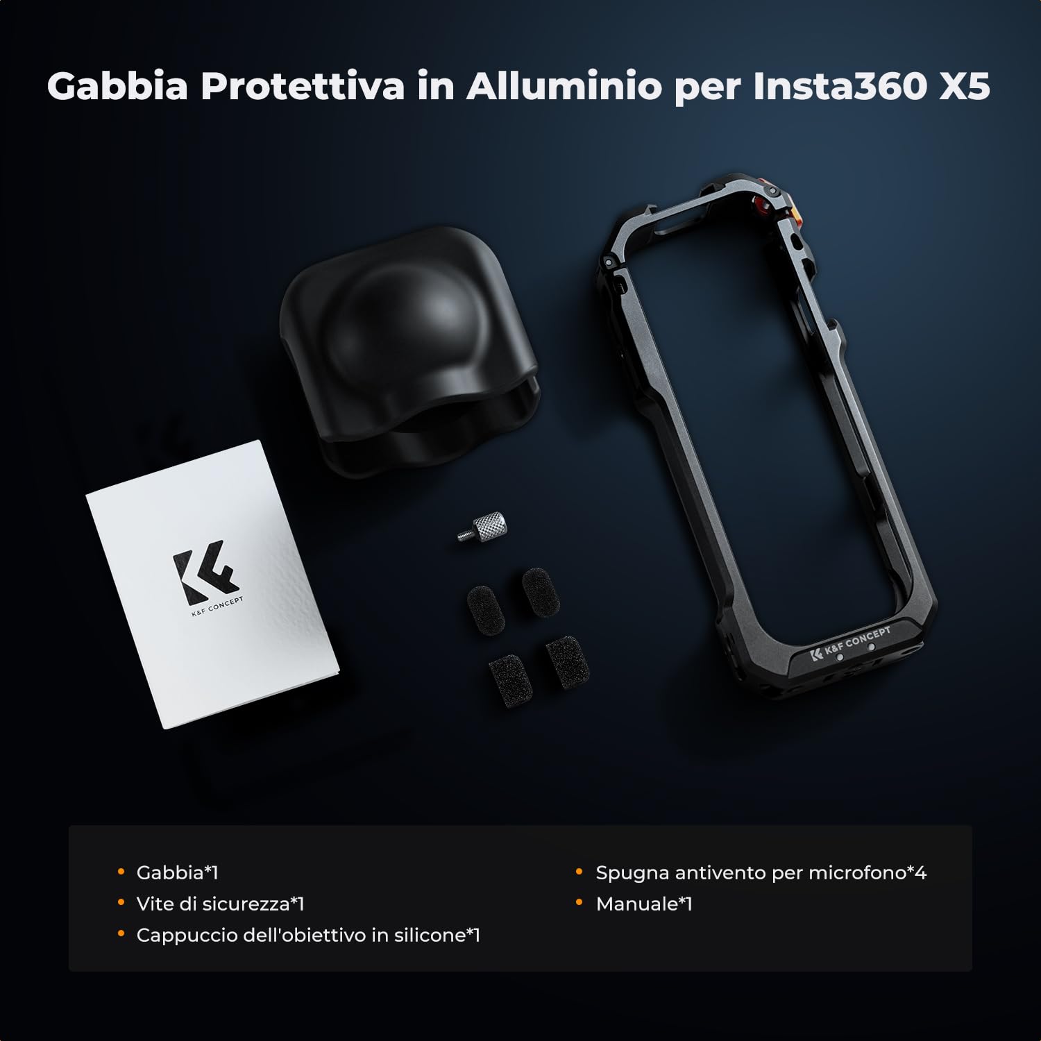 K&F CONCEPT Gabbia Standard per Fotocamera per Insta360 X5, Custodia in Alluminio con Copriobiettivo in Silicone, Foro per Vite 1/4", Telaio Protettivo con 2 Attacchi a Scarpa Fredda