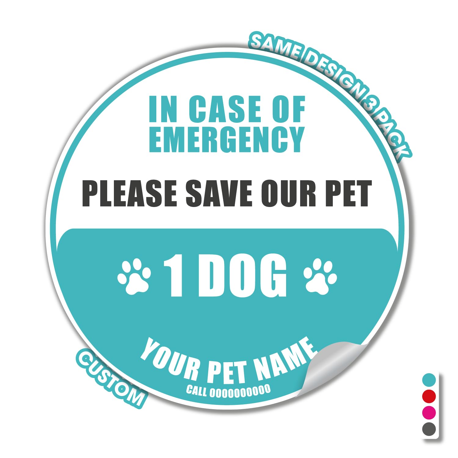 Customizable Pet Emergency Stickers | Set of 3 Custom Save Our Pets Window & Door Warning Round Decal | in Case of Emergency Dog & Cat Rescue 5in x