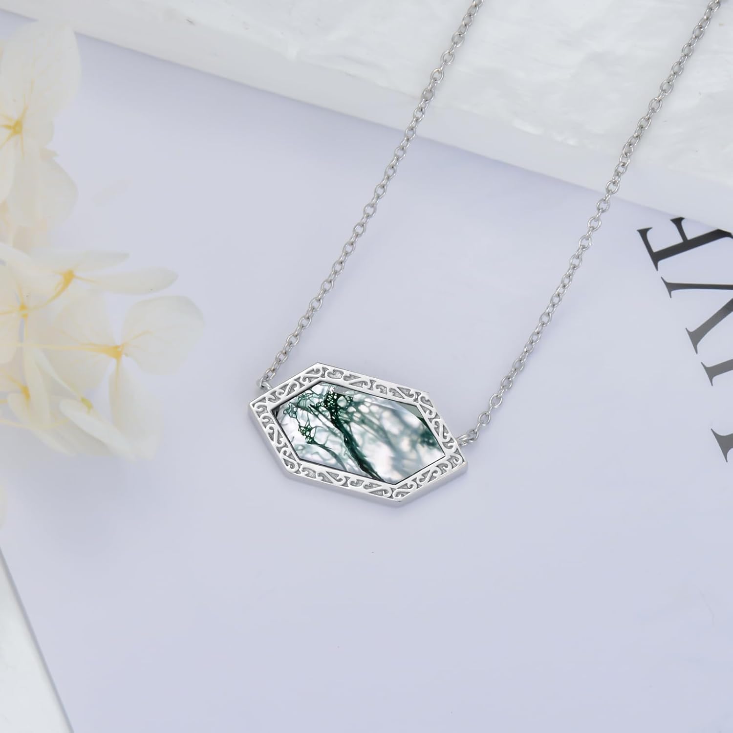 Natural Moss Agate Necklace 925 Sterling Silver Green Moss Agate Hexagon Cut Genuine Gemstone Jewelry Gifts for Women - Image 4