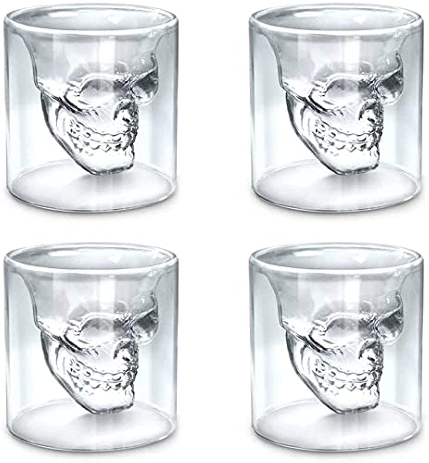 Nature Dream Skull Glass Cup Set, Double Wall Crystal Skull Shot Mug Creative Drinking Glasses for Whiskey Cocktail Wine Vodka for Home Party or Gift (4pcs)