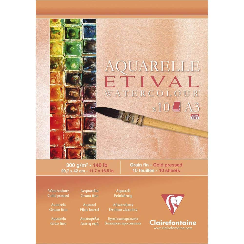 Lot de 5 Bloc encollé de 10 feuilles de papier aquarelle Etival grain fin, 300 g/m², A3