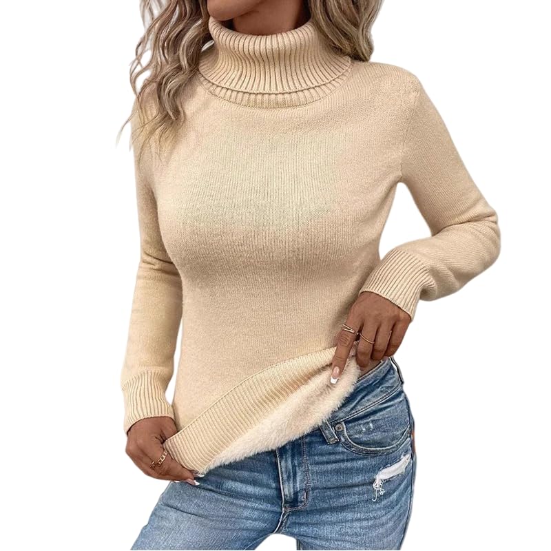 Womens Cozy Ultra-Soft Thermal-Lined Slim Fit Sweater Fleece Lined Turtleneck Tops Layering Casual Winter Clothing