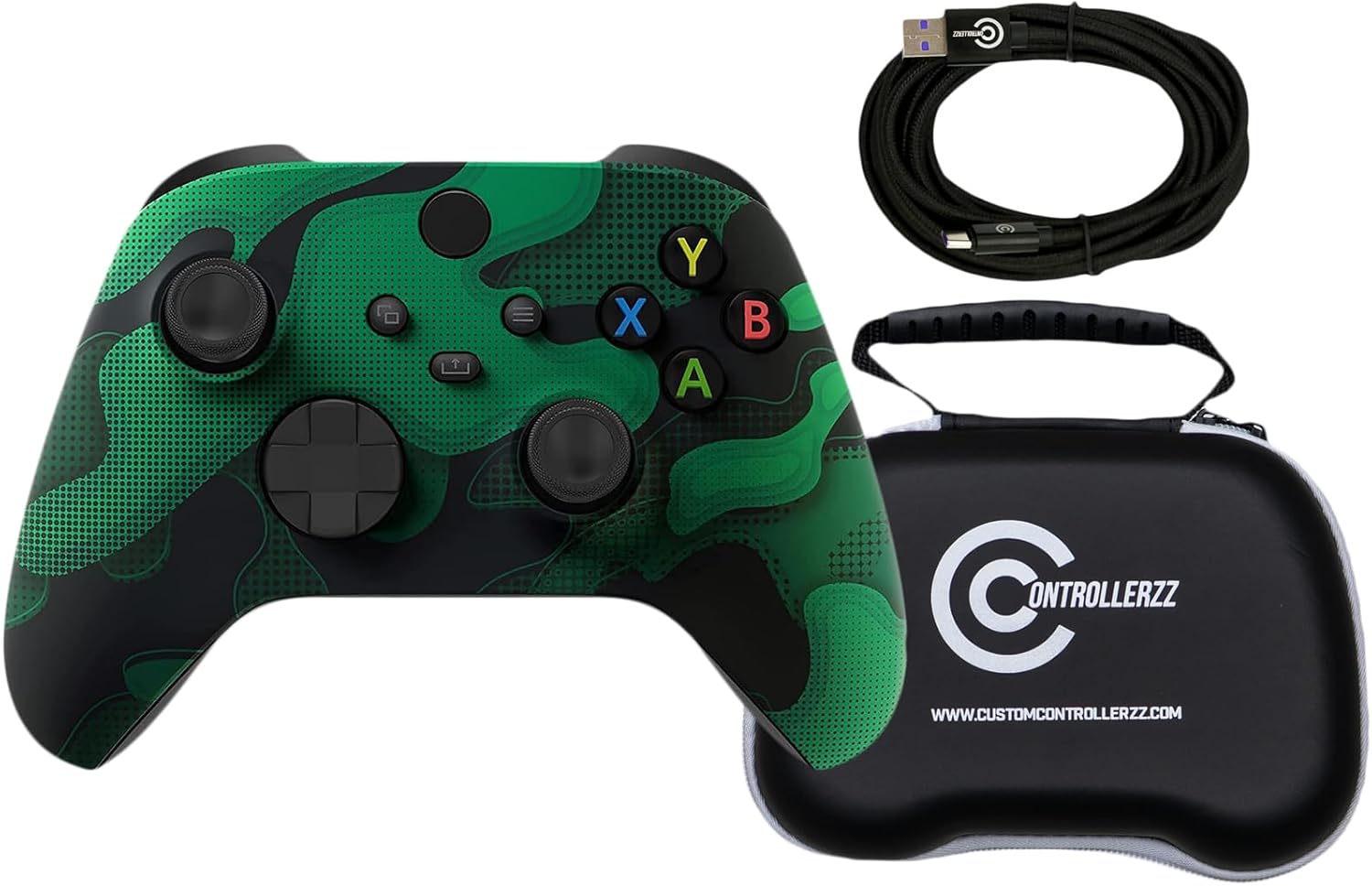 Custom Controllerzz Green Camo Controller Bundle – Includes Green Camo Custom Wireless Controller for Xbox Series X/S, Xbox One, PC & Braided USB-C Cable & Universal Protective Case