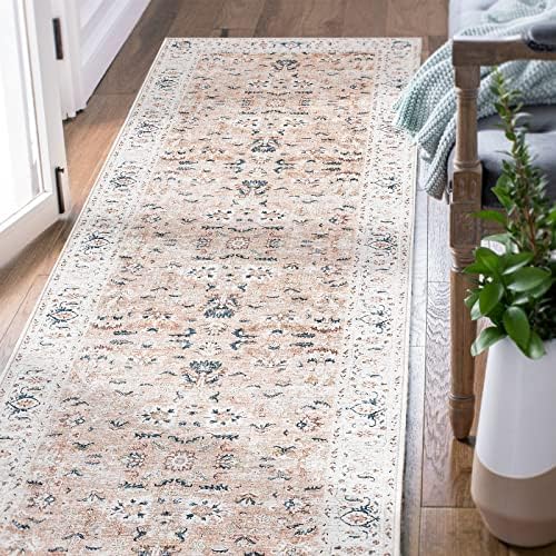 COLLACT Runner Rug 2x5 Area Rug Persian Rug Vintage Distressed Blush Pink Entrance Chenille Thin Rug Floral Print Carpet Non Slip Boho Farmhouse Kitchen Living Room Bedroom Dining Room
