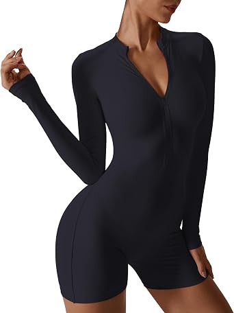 Hotfiary Women Workout Jumpsuits Yoga Romper Long Sleeve One Piece Zip Up Jumpsuits Shorts Sports Gym Unitard Casual Playsuit