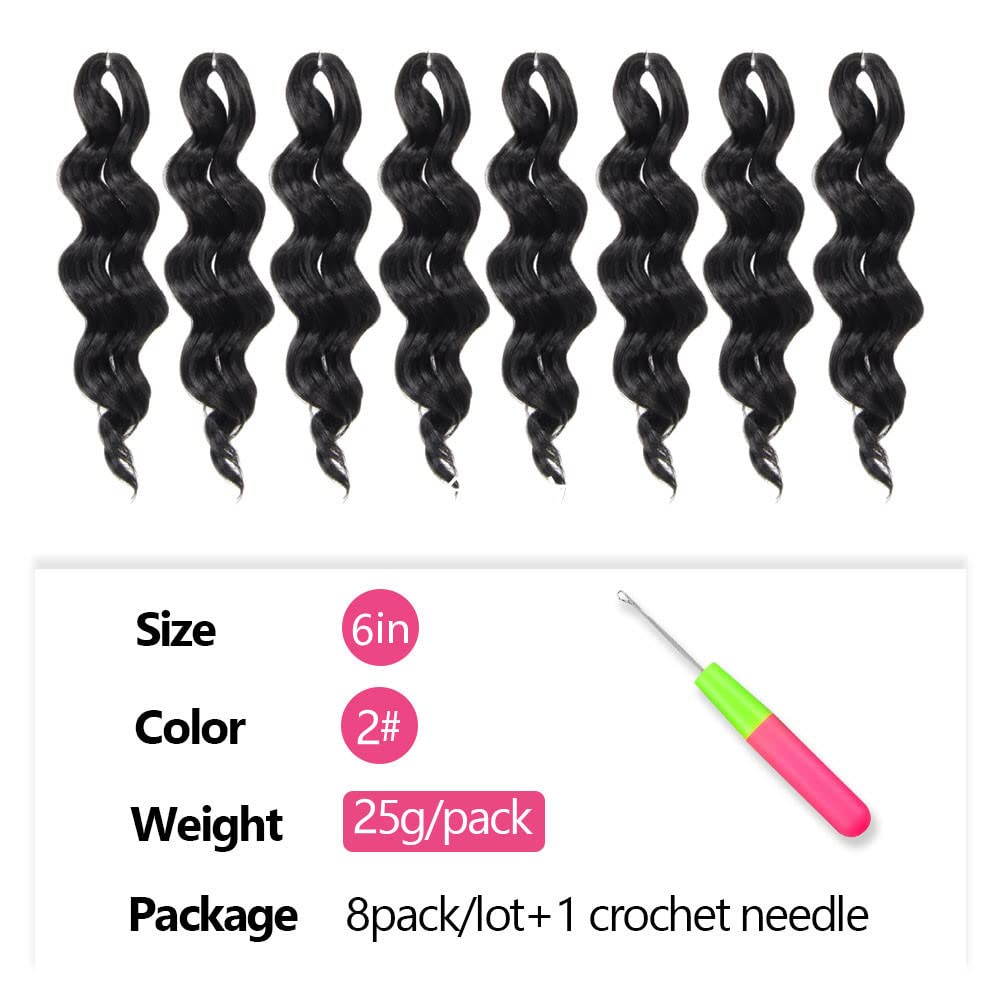 Ocean Wave Crochet Hair 6 Inch 8 Packs Soft Deep Twist Crochet Braids Synthetic Wavy Braiding Hair Extensions (2# Off Black)