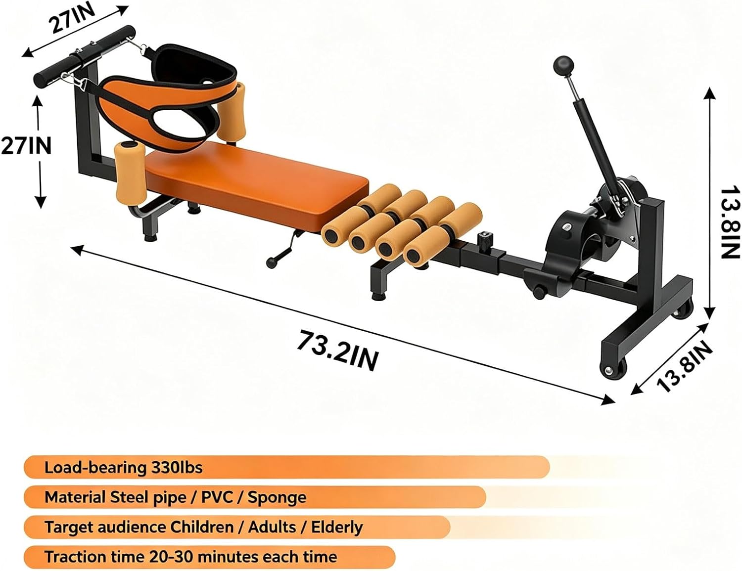 Home Gym Lumbar Spine Traction Inversion Table with Cervical Support | Back Stretch Traction, 130kg Capacity, Adjustable Length for 140–185 cm