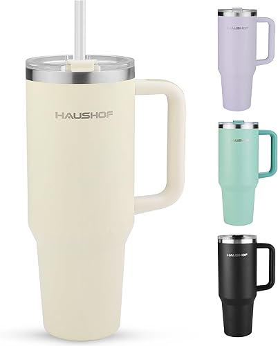 HAUSHOF Vaso de 40 onzas con asa y pajita, vaso de café aislado de acero inoxidable con tapa Tritan, taza de viaje de doble pared, botella de agua,