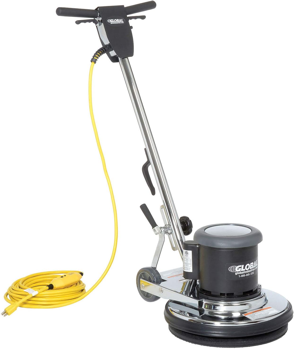 Global Industrial Corded Low Speed Floor Machine, 17" Cleaning Path, Durable Stainless Steel Construction, Heavy-Duty 1.5 HP Motor, 50'L Safety Power Cord with GFCI Plug