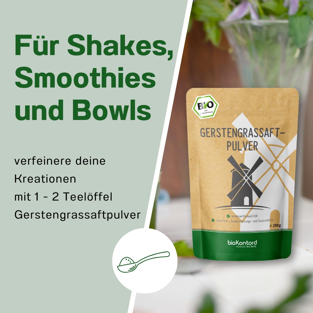 bioKontor – Bio Gerstengrassaftpulver 250g – Extrakt 33:1 – Gerstengras Saftpulver fein – Gerstengras Pulver Naturrein – ideal für Smoothies, grünen Saft & Getränke – Rohkostqualität aus den USA
