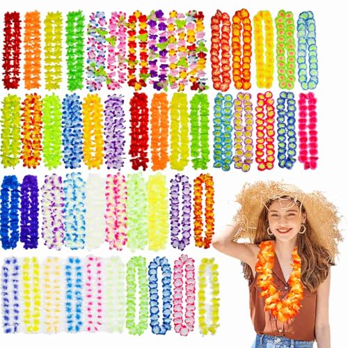 DYUEE Hawaiian Flower Garlands 50Pcs Hawaiian Leis Bulk Hula Necklace Leis