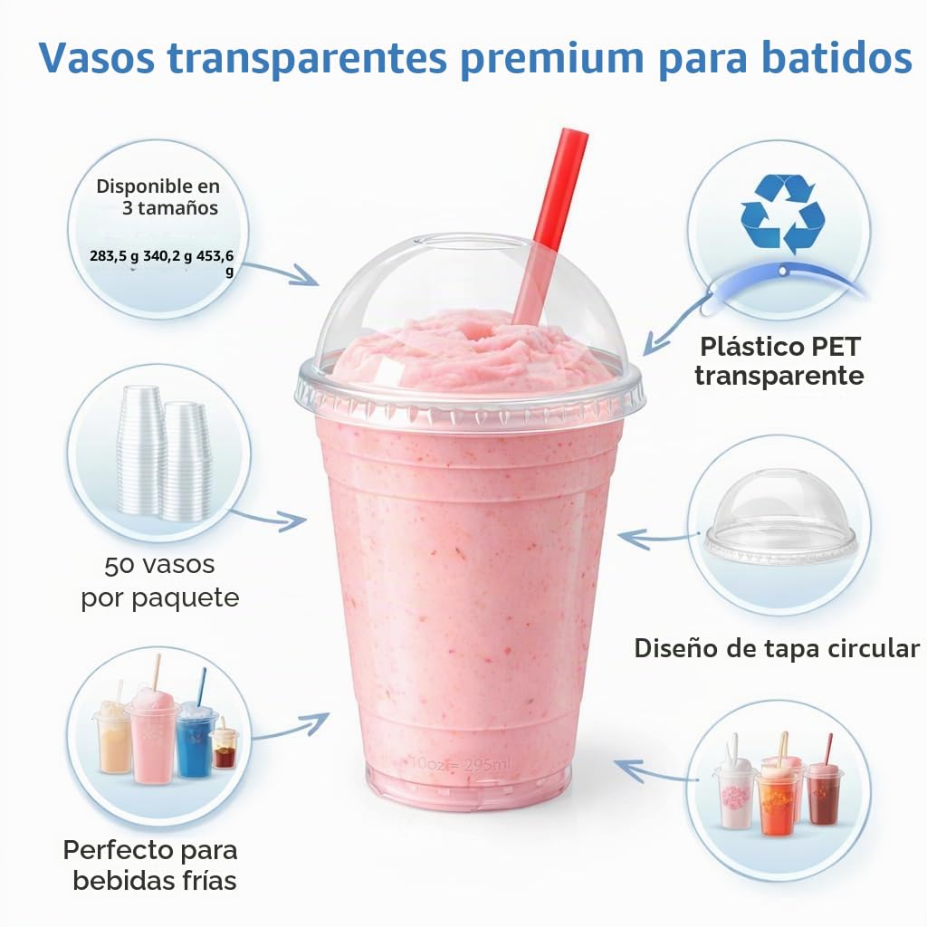 Sabco,50 vasos de plástico de 12 onzas con tapas- Taza transparente ideal para batidos de frappe, jugo de batido, taza Boba y pajita, bebida granizado, perfecto para llevar y restaurantes.