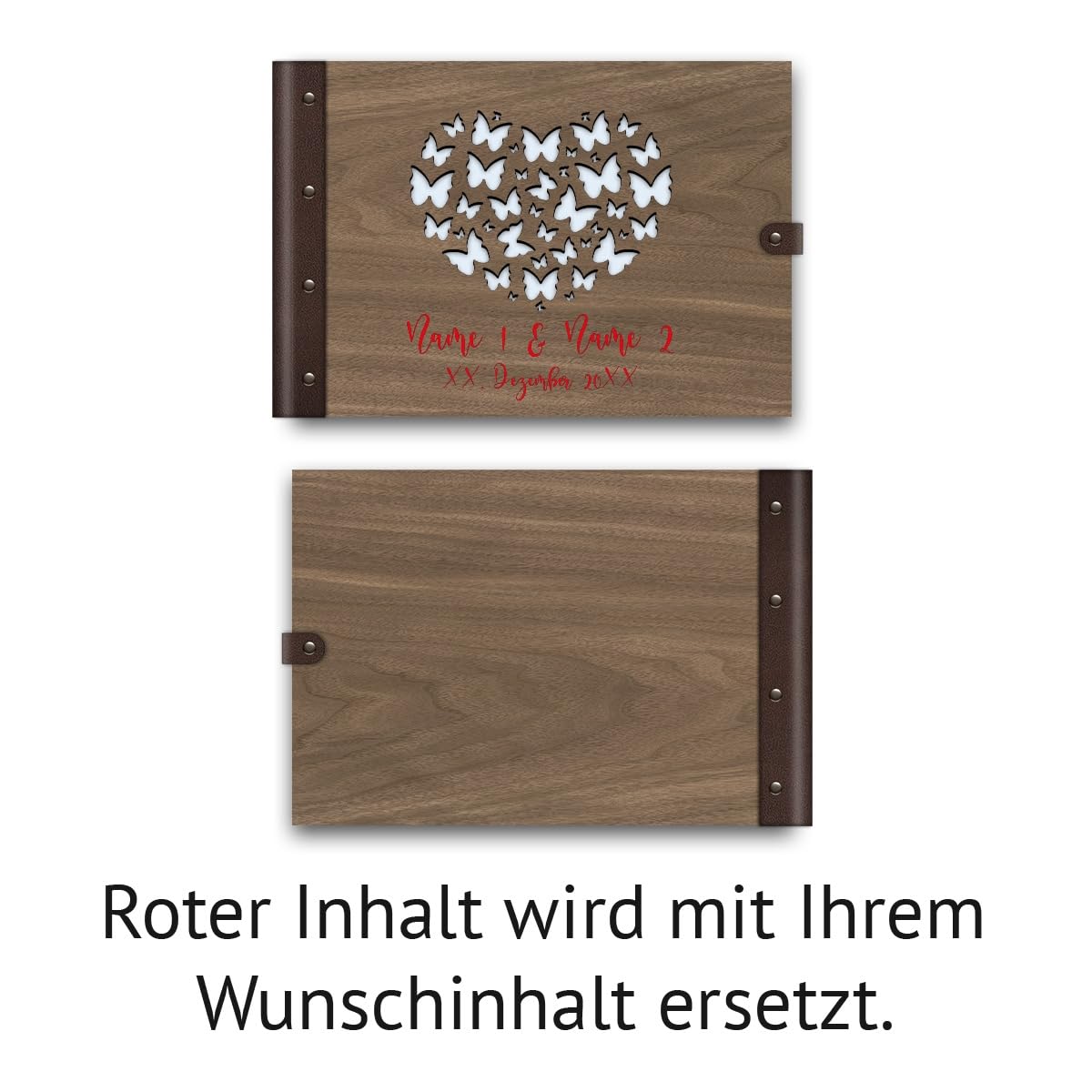 Personalisiertes Hochzeit Gästebuch echtes Holz DIN A4 Hochzeitsbuch mit Lasergravur - Schmetterling - mit 72 Blatt / 144 Seiten Naturpapier Weiß
