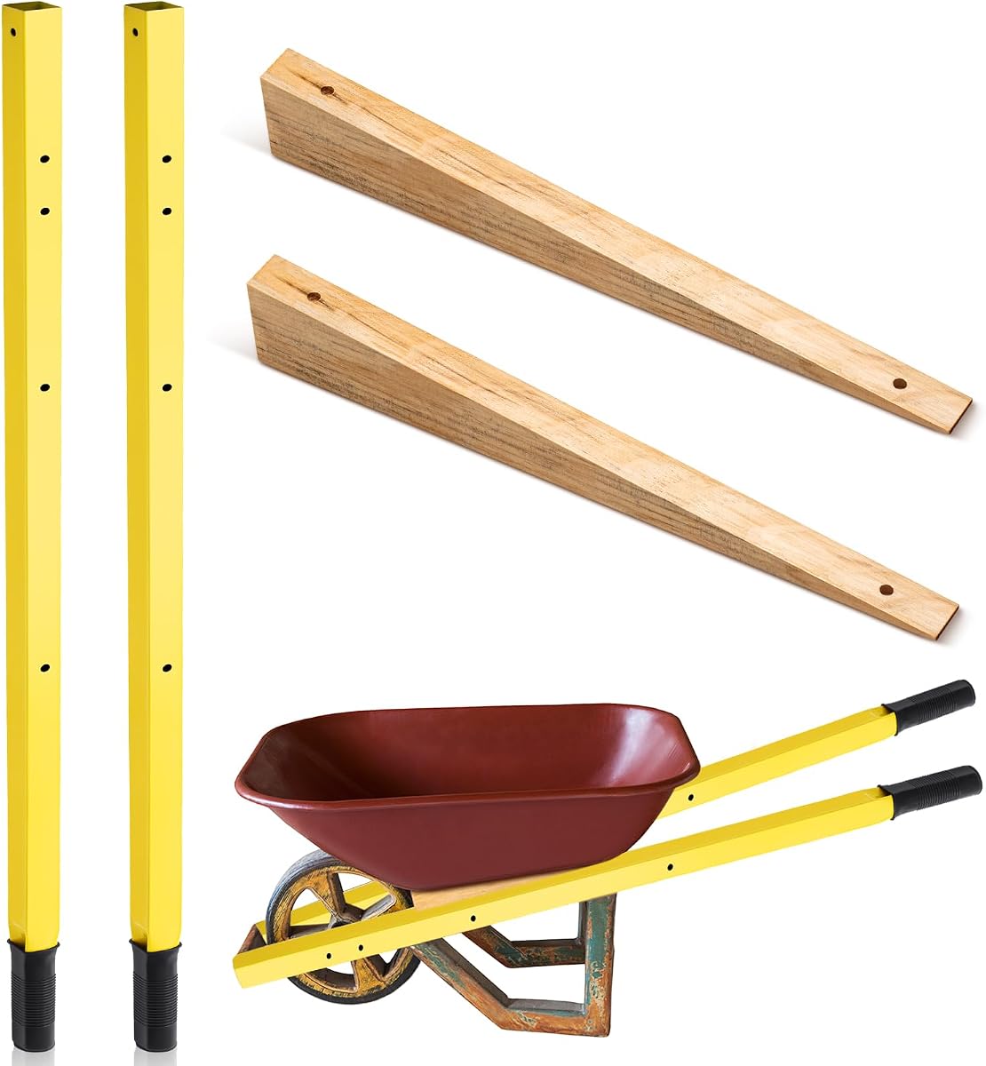 Wheel Barrow Handles Metal Replacement 60'' Wheelbarrow Handles Kit with 2 Wheelbarrow Wedge Yellow Heavy Duty and Pre Drilled Holes, Easy Install
