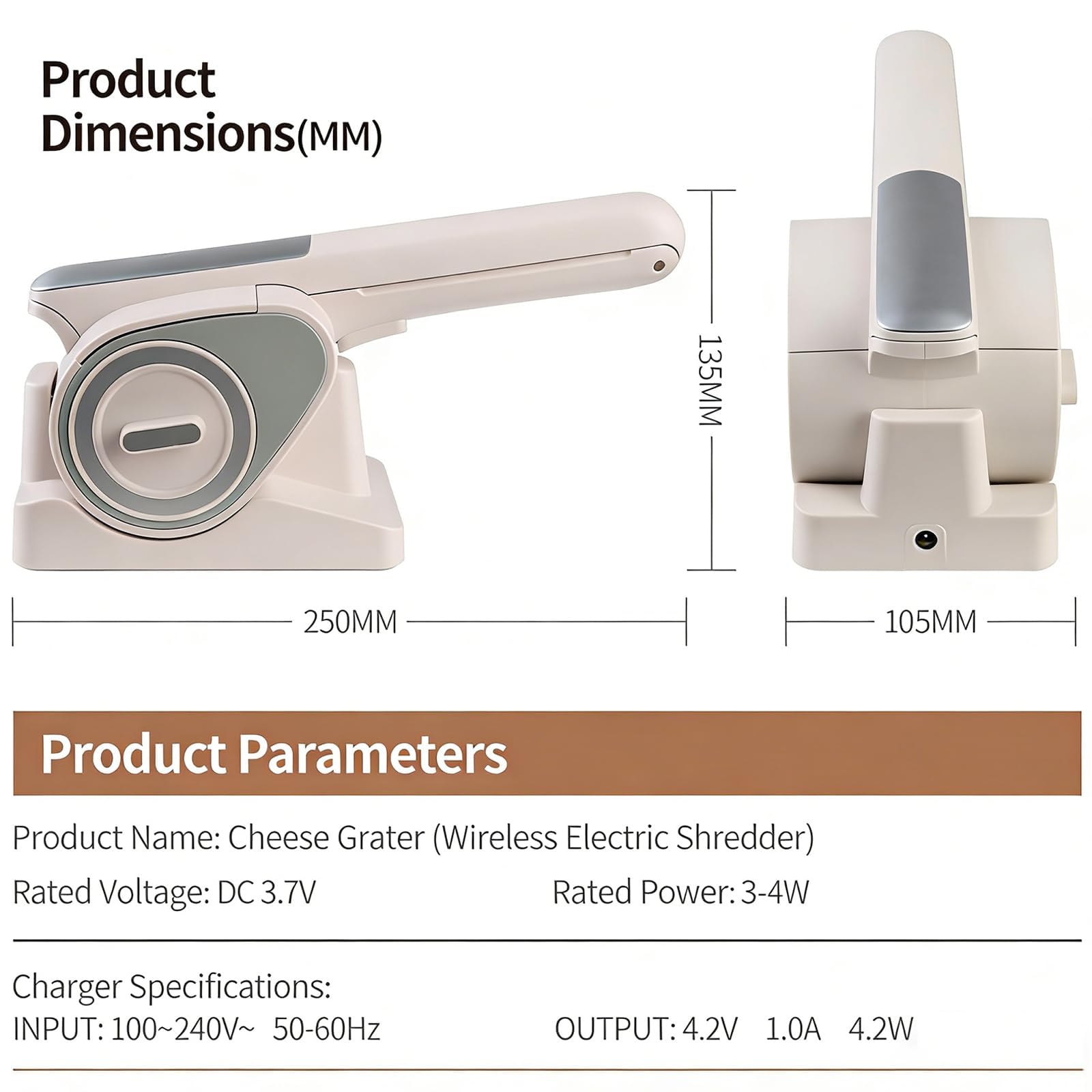 Kabellose elektrische Käsereibe, Handheld Rotary Slicer Shredder mit 2 Trommeln, Wiederaufladbare Automatische Reibe für Käse, Gemüse, Nüsse, Schokolade, 2 kg pro Ladung
