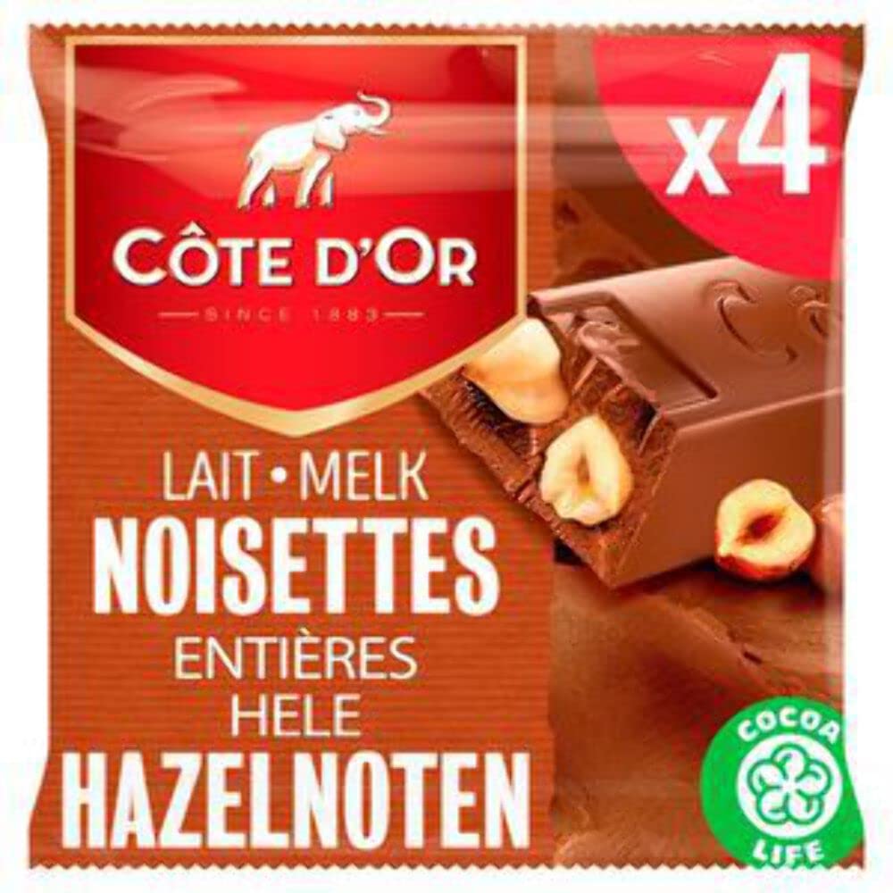 Côte D Or Belgian Chocolate | Milk Chocolate Bar Whole Hazelnuts 4-Pack | Côte D'Or Chocolates | Belgian Chocolates Made In Belgium Côte D'Or | 6,3 Ounce Total