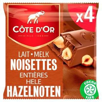 Cote D Or Belgian Chocolate | Milk Chocolate Bar Whole Hazelnuts 4-Pack | Cote D'Or Chocolates | Belgian Chocolates Made In Belgium Cote D'Or | 6,3 Ounce Total