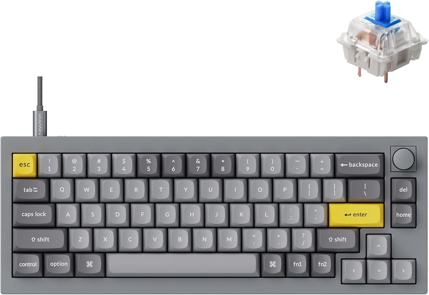 Keychron Q2 Wired Custom Mechanical Keyboard Knob Version, 65% Layout QMK/VIA Programmable Macro with Hot-swappable Gateron G Pro Blue Switch Double Gasket Compatible with Mac Windows Linux (Grey)