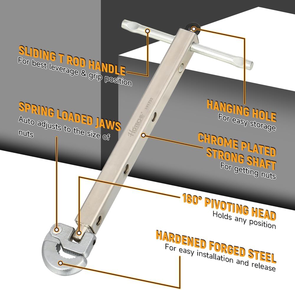 Hoteche Telescoping Basin Wrench, Jaw 5/16''-7/8'', Handle 12''-19'' | For faucet install & under-sink repairs. Self-adjusting jaws grip various nuts. Telescoping shaft locks to 4 lengths.