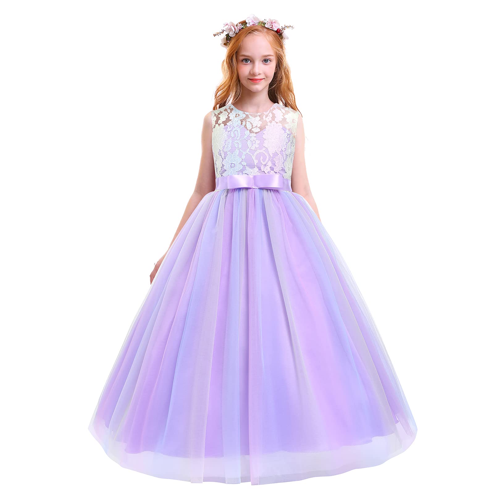 Flower Girl Dresses Princess Long Pageant Formal Wedding Bridesmaid Party Maxi Embroidered Festival Carnival Birthday Easter First Communion Baptism Christening Dress Rainbow Purple 9-10 Years